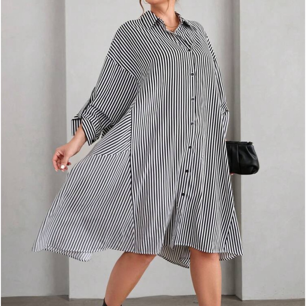 Classic Elegant Asymmetrical Hem Button Down Shirt Dress Black White - Picture 4 of 6
